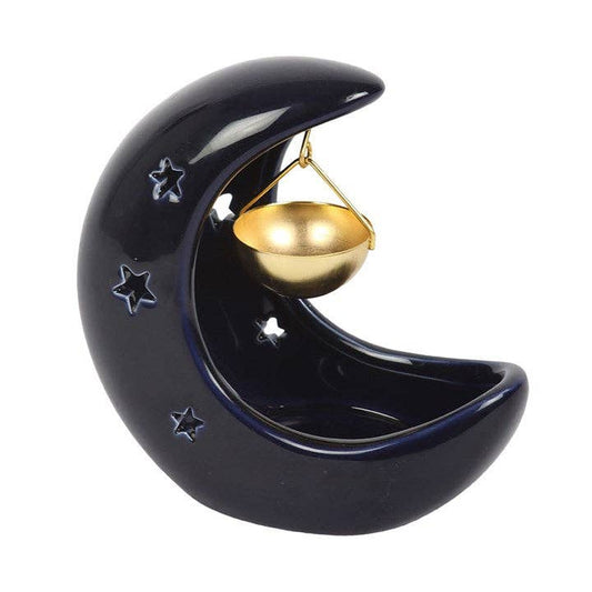 Brûle-parfum suspendu en forme de croissant de lune bleu