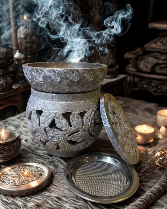 Brûleur multi-usages en stéatite marbrée motif floral