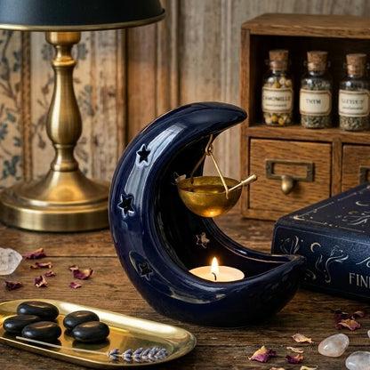 Brûle parfum style apoticaire de luxe en forme de lune avec suspension dorée pour élixir et fondants