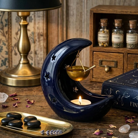 Brûle parfum style apoticaire de luxe en forme de lune avec suspension dorée pour élixir et fondants